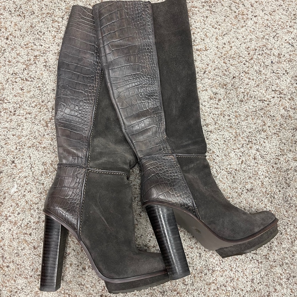BCBGMAXAZRIA tall suede and faux crocodile boot.